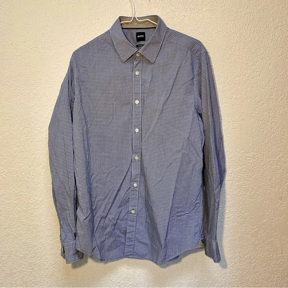Hugo Boss Button Up Shirt Men’s Large Regular Fit Blue / White Plaid Long Sleeve